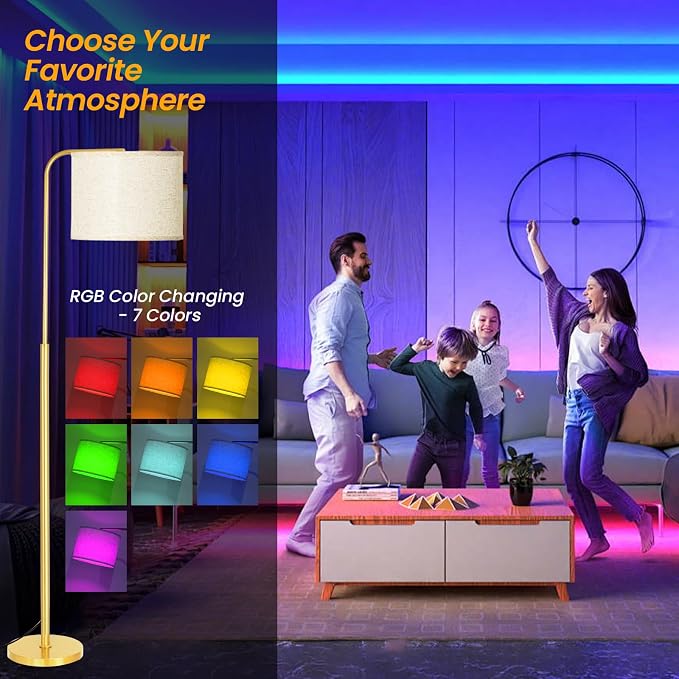 Arc RGB Floor Lamp with Remote Control Dimmable Gold lamps for Living Room | Modern Tall Standing Lamp for Bedroom Corner and Office wiht Adjustable Hanging Drum Shade Over Couch Arched Reading Light