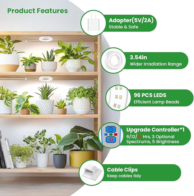 Wiaxulay 3.5in Grow Lights for Indoor Plants Growing, Full Spectrum 5V/2A | 2-Head White, 96 LEDs Halo Plant Light with 6/12/16H Timer, 3 Lighting Modes, 5 Brightness, Ceiling Under Cabinet Herbs