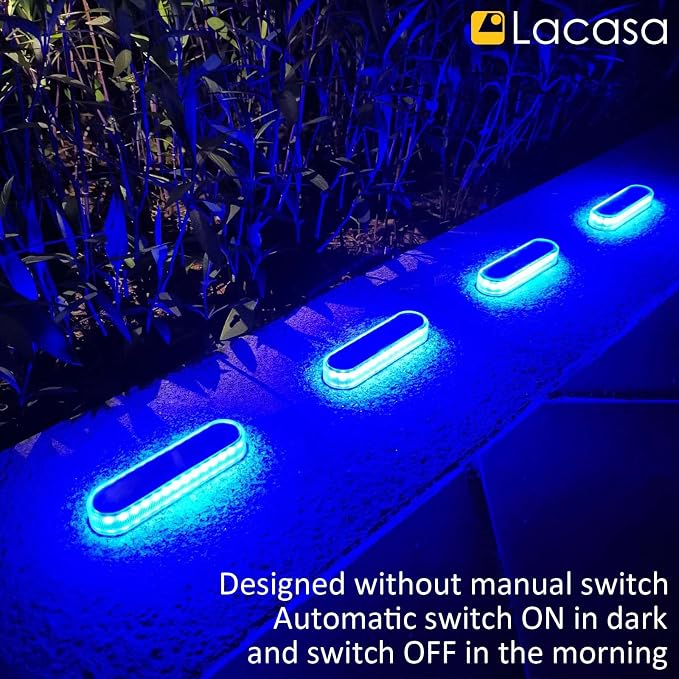Lacasa Solar Deck Lights, 4 Pack 40LM Solar Powered Step Lights Blue Light, LED Dock Light Outdoor In-Ground Lights IP68 Waterproof Auto ON/Off for Garden Stairs Driveway Pathway Lighting
