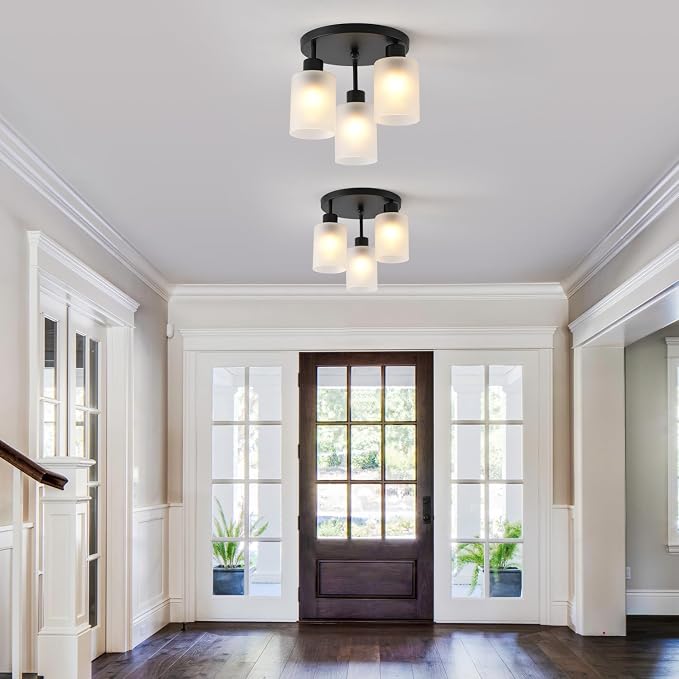 3-Light Industrial Farmhouse Black Matte Light Fixtures Ceiling Mount, with Frosted Glass Shades Semi Flush Mount Ceiling Light, for Hallway Fixtures Kitchen, Foyer