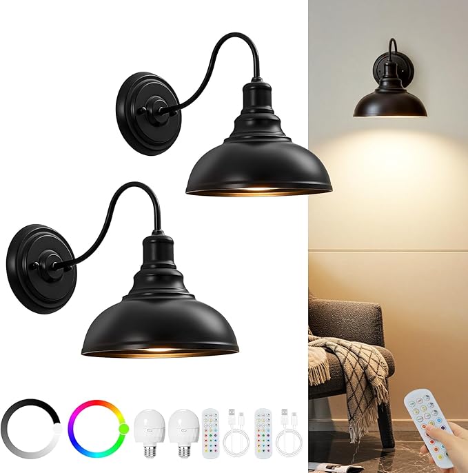 Lightess Black Rechargeable Battery Operated Wall Sconces Set of 2 | Wireless Cordless No Hard Wiring Required Remote Controlled 12 Colors Dimmable Gooseneck For Vintage Bedroom Wall Decor
