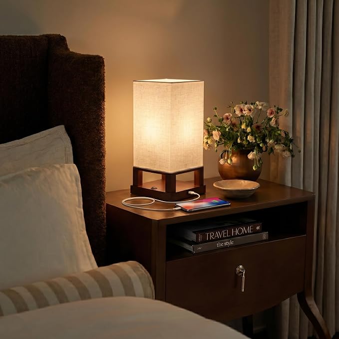Brightech Maxwell Bedside Lamp with USB Port – Compact Table Lamp for Bedroom, Living Room - Modern Asian Nightstand Lamp with Wood Frame - LED Bulb, Soft Light - Havana Brown