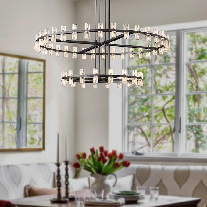 D32''+D40'' Large Black Wagon Wheel Chandelier 72-Lights Black Round Chandeliers Glass Chandeliers for Dining Room,Living Room Vintage Chandelier