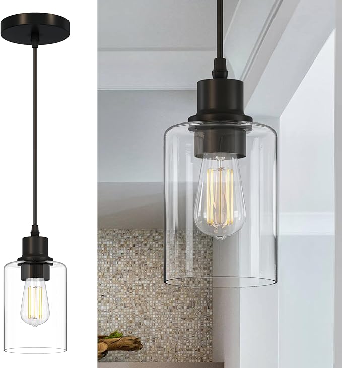Pendant Lights Kitchen Island, E26 Socket Adjustable Cord for Dining Room,Bedroom,Living Room,Farmhouse Industrial Pendant Light Fixtures with Glass Shade,Modern Pendant Lighting,1Pack