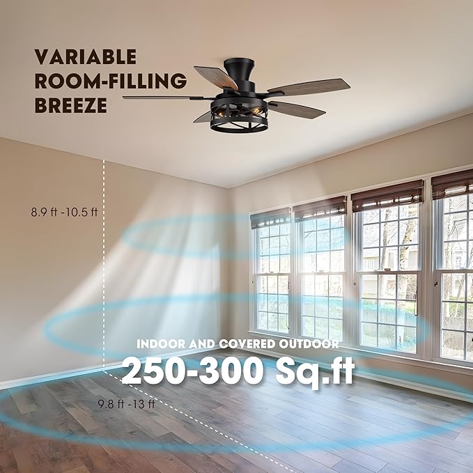 42 Inch Flush Mount Ceiling Fans with Lights and Remote Control, Low Profile Farmhouse Ceiling Fan for Bedroom Living Room and Patio, Black Caged Ceiling Fan for Indoor and Outdoor