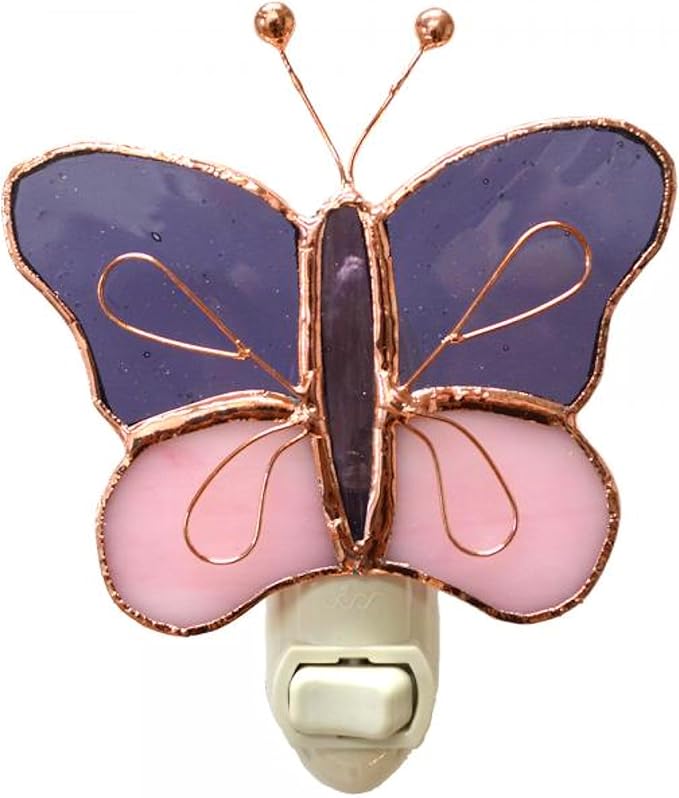 Gift Essentials Pink and Purple Butterfly Plug in Night Light - Stained Glass Nightlight with On/Off Rocker Switch - Includes One 4 Watt Replaceable Incandescent Warm Glow Bulb