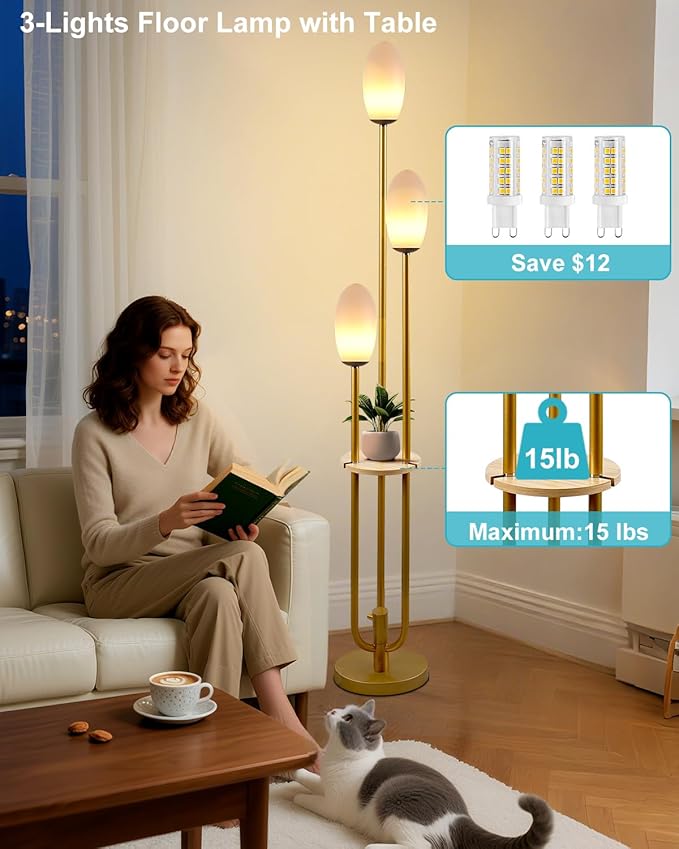 Lightdot Gold Dimmable Floor Lamp with Table, 63IN Mid-Century Oval Floor Lamps with Bulbs Included, 3-Lights Candle Holder Style Modern Tall Standing Lamp for Living Room/Sofa Beside/Corner Decor