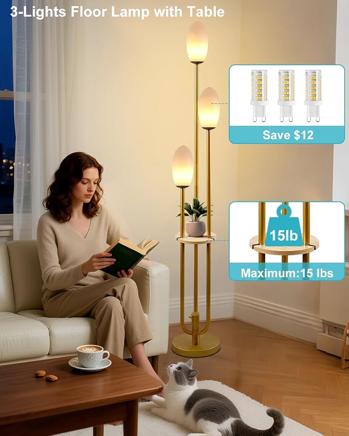 Lightdot Gold Dimmable Floor Lamp with Table, 63IN Mid-Century Oval Floor Lamps with Bulbs Included, 3-Lights Modern Tall Standing Lamp with 5Lbs Heavy Base for Living Room/Sofa Beside/Corner Decor