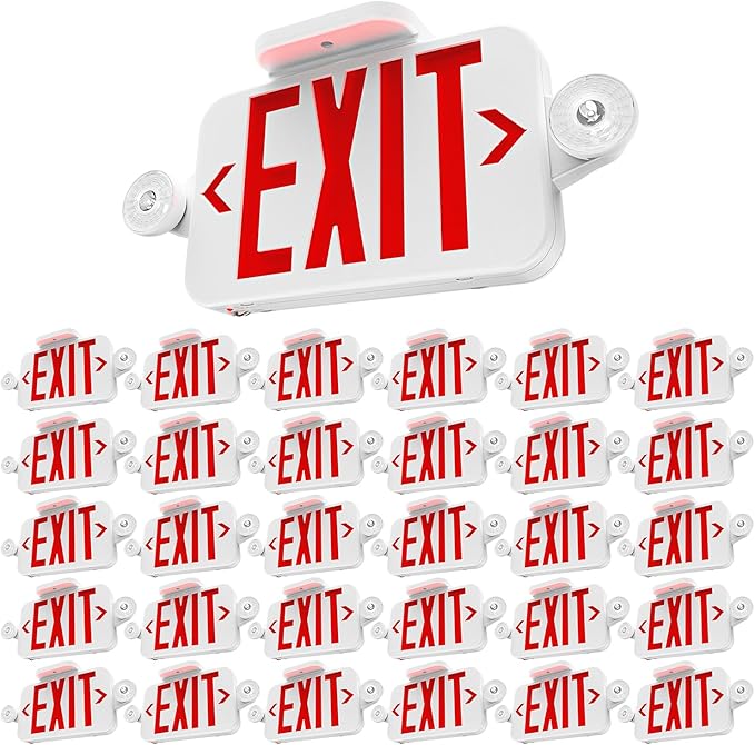 Sunco 30 Pack LED Exit Sign With Emergency Lights, Red, Two Mini Adjustable Lights, 94V-0 Fire Resistant, Backup Battery, 2.3W 6000K Daylight Deluxe, 200 Lumens 120-277V, Wall Or Ceiling Mount UL.