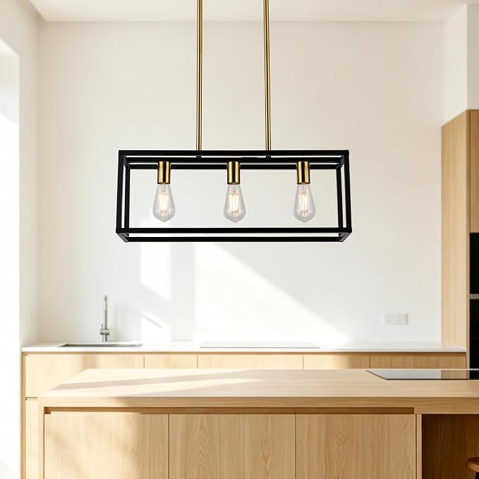 Farmhouse Kitchen Island Lighting, Modern Industrial Chandelier, 3-Light Black&Brushed Brass Linear Rectangular Pendant Light Fixtures for Farmhouse Kitchen Dining Room Bar Foyer
