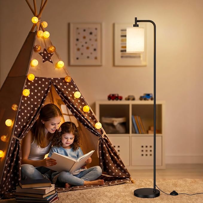 Ziisee 64" Floor Lamp with Remote Control, Dimmable Tall Standing Lamps for Living Room Bedroom Office Corner, 9W LED Bulb Included, Foot Pedal Switch, Beige Shade Black Pole