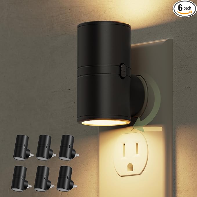 L LOHAS LED Night Light, Night Lights Plug into Wall, Dimmable Nightlights | 50/100LM, Soft White 3000K, Light Sensor, Rotating Nightlight Plug in, Adults Hallway Bedroom Bathroom,[Black Shade,6Pack]