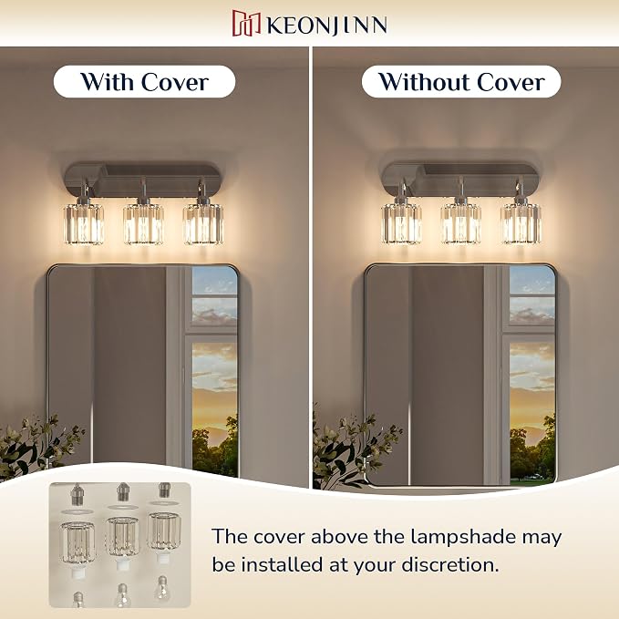Keonjinn 5-Light Crystal Bathroom Light Fixtures Over Mirror, Chrome | Vanity Lighting Fixture with Square Shades, Dimmable, Modern Style, Compatible with E26 Base LED Bulbs (Blub Not Included)