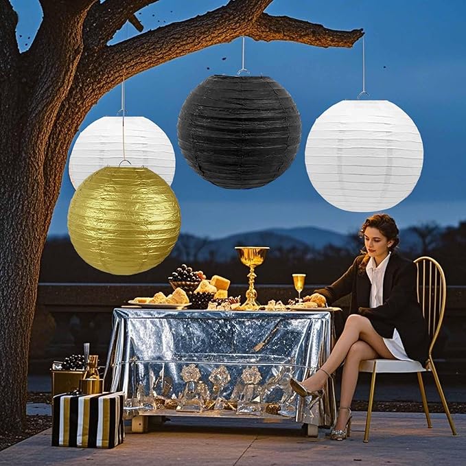 Black-Gold and White Paper Lanterns 12Pcs Hanging Lanterns for Birthday Party, Wedding, Home Decor, Baby Shower Festive Decoration
