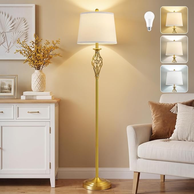 EJIAXIN Floor Lamps for Living Room - 62" Farmhouse Vintage Standing Lamp for Bedroom with Adjustable Color Temperatures,Gold Tall Lamp with Linen Shade,Reading Light for Home Office,Bulb Included