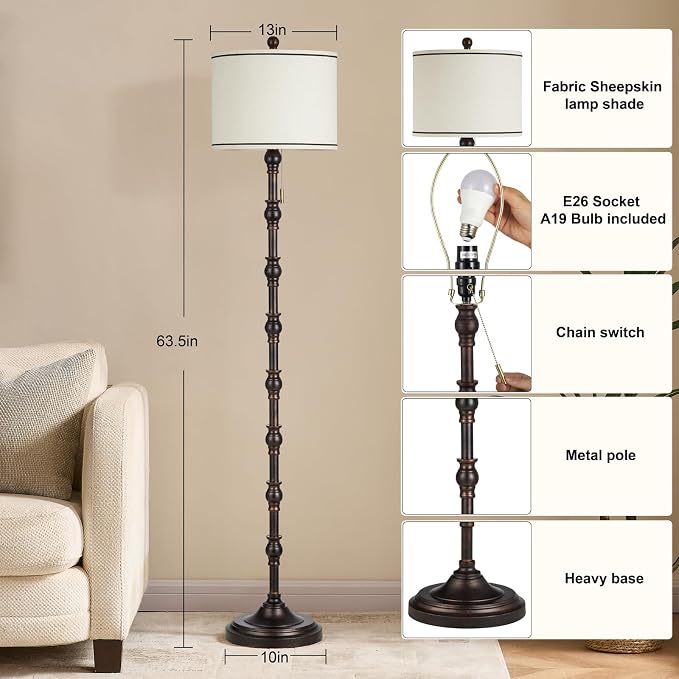63.5'' Floor Lamps for Living Room, Farmhouse Floor Lamp for Bedroom with 3 Color Temperatures, Vintage Standing Lamps for Living Room, Living Room Light, Chain Switch, Bulb Included, Black