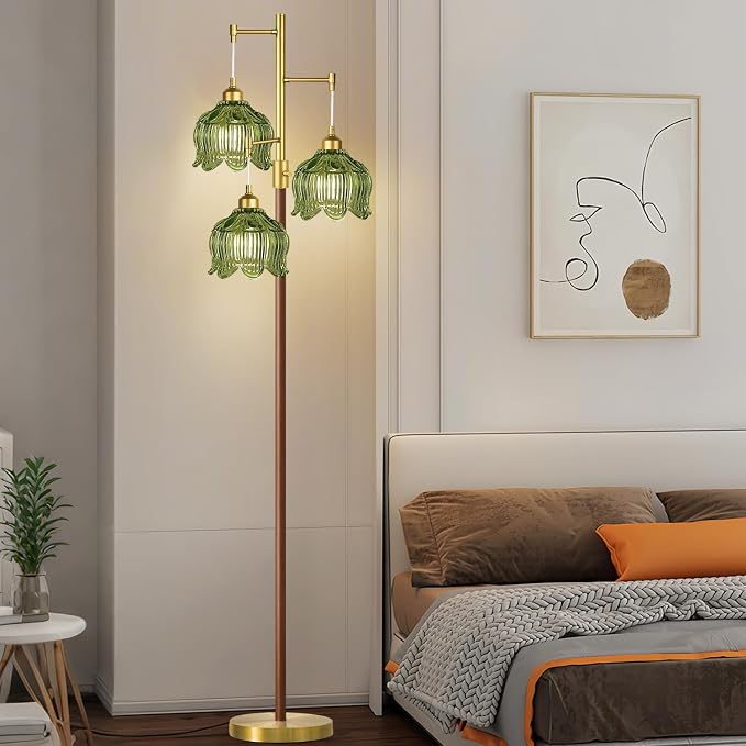 Vintage Floor Lamps for Living Room Bedroom-Wood Dimmable Floor Lamp with Glass Lampshape, Flower Modern Mid Century Standing Lamp Green Tall Tree Floor Lamp for Bedroom Corner