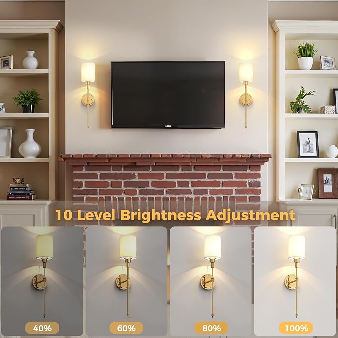 Battery Operated Wall Sconce: Set of 2 Wireless Wall Lights with 12000mAh | 15 Color Rechargeable Wall Sconces, Not Harwired Sconce Wall Decor Set of 2 for Bedroom, Living Room, Gold 24.3in