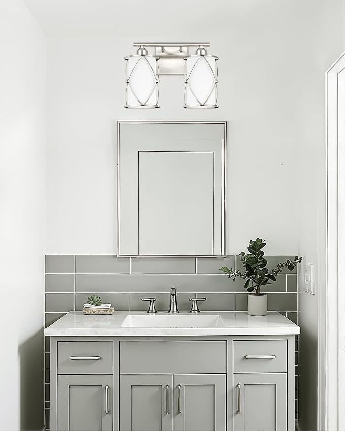 2-Light Brushed Nickel Bathroom Light Fixtures with Milk Frosted Glass, 13" Modern Bathroom Vanity Lighting Fixtures Over Mirror with Metal Cage, Wall Sconce Light for Bath, E26, CH9176BNW-2W