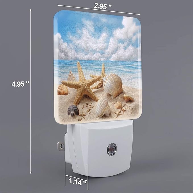 Starfish Seashells Night Light Set of 2, Summer Beach Auto Sensor LED Dusk-to-Dawn Nightlights, Plug-in Sensor Lamp for Bedroom Bathroom Kitchen Hallway Stairs Decorative