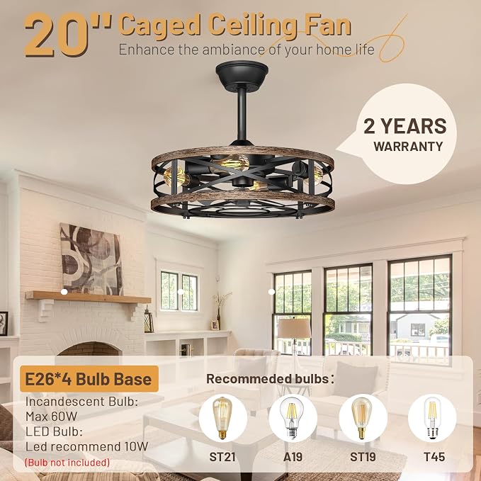 20in Caged Ceiling Fan with Lights, Low Profile Ceiling Fan, Small Rustic Industrial Farmhouse Ceiling Fans with Lights,Reversible Flush Mount Fandaliers Fan Light Ceiling Fixture for Bedroom Kitchen