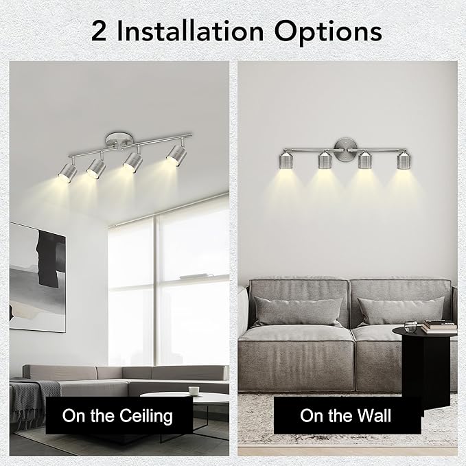 4-Light 26.25'' Track Lighting Kit - 270° Swivel & 90° Tilt Adjustable, Brushed Nickel Ceiling Spot Lights with 4 x 5W GU10 LED Bulbs, for Kitchen, Living Room, Gallery, Shop Display