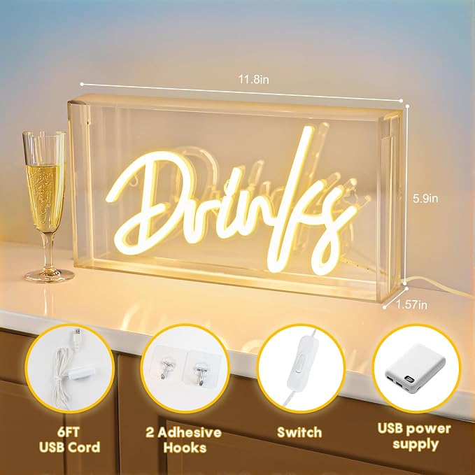 Drinks Neon Sign, Drinks Signs USB LED Desk Lightbox with ON/OFF Switch, Light Up Sign for Table Decor, Home Bar, Kitchen, Club, Pub, Restaurant Wall Decor & Bar Cart Accessories (Warm White)