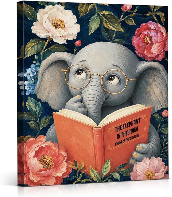 NSFBESSLIA Funny Reading Elephant Painting, Whimsical Vintage Animal Decor, The Elephant In The Room, Humorous Wall Art for Living Room Bedroom Entryway, 8x10 Inch