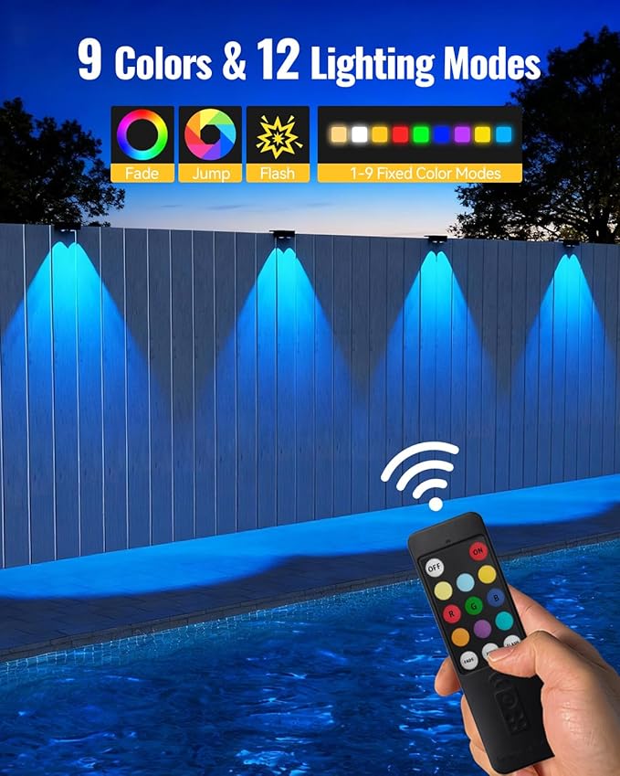 Solar Fence Lights Outdoor with Remote 4 Pack, Warm/Cool White & RGB 12 Modes, Deck Lights Solar Powered Waterproof, Backyard Lights for Step Stairs Railing Balcony Patio Decor