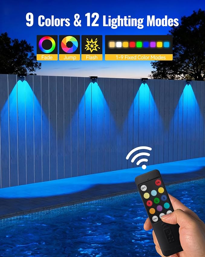 Solar Fence Lights with Remote 12 Pack, 9 Fixed Colors 12 Modes, Fence Lights Solar Powered Outdoor Waterproof, Warm/Cool White, RGB LED Deck Lights for Step/Yard/Railing/Balcony/Patio/Stairs/Outside