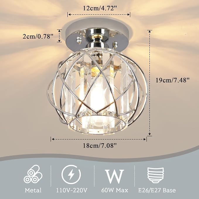 Hallway Light Fixtures Ceiling,Modern Chrome Crystal Ceiling Lights Fixture, Semi Flush Mount E26 Small Hallway Lighting Fixtures Ceiling Light for Porch Entryway Foyer 2 Pack