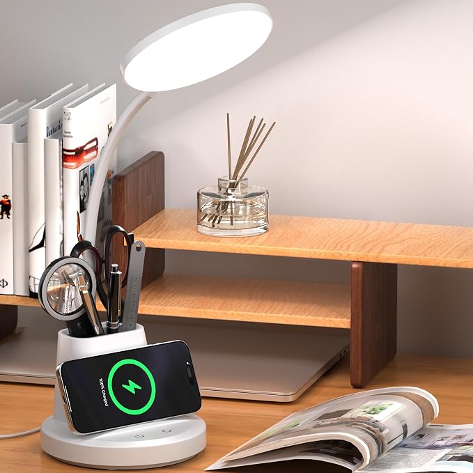 LED Desk Lamp with Wireless Charger for Home Office, White | 3 Color Modes Dimmable Eye-Caring Study Desk Light for College Dorm Room, 360° Flexible Arm, Built-in Pen Holder, 800 Lumen