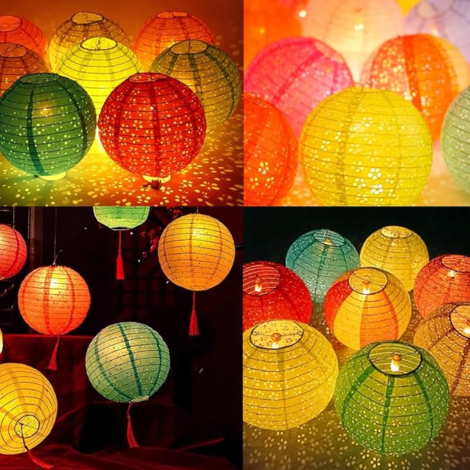6Pcs Chinese Lunar New Year Decorations 2026 Chinese Paper Lanterns Decorative Japanese Hanging Paper Lantern with LED Lights Tassel Stick 8inch Round for Spring Festival Asian Party Home Decor