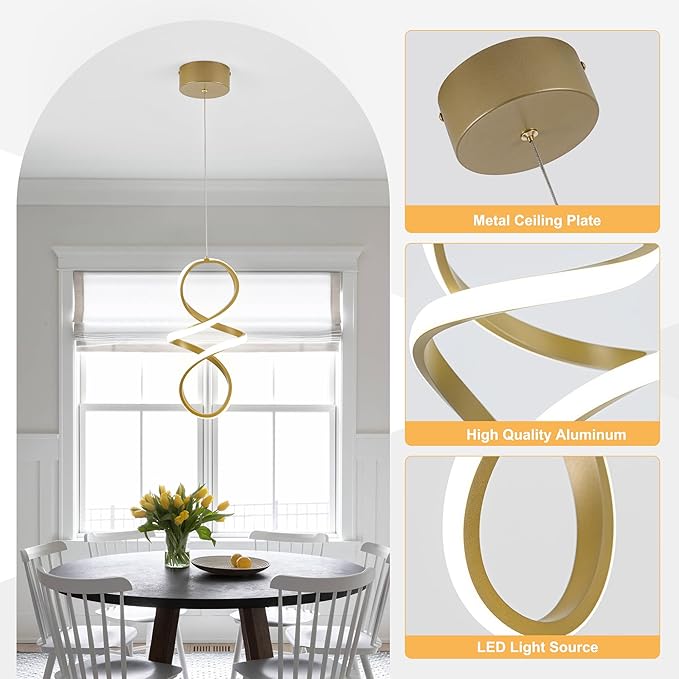 MAYNA Spiral Kitchen Pendant Lighting, 4000K Modern LED Pendant Light Fixture, 18W Adjustable Height Island Light Fixture for Kitchen Bedroom Kitchen Island Cafe, 1 Pack (Gold)
