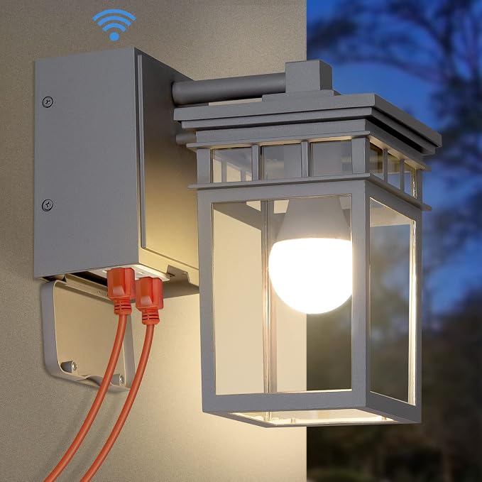 Outdoor Porch Light with GFCI Outlet Built in, Dusk to Dawn Outdoor Lighting with Clear Glass Shade, Waterproof Outdoor Wall Sconce Exterior Lights for House Garage Front Door, Bulb Included(Gray) | Gray Exterior Lighting with Clear Glass Shade, Waterp...
