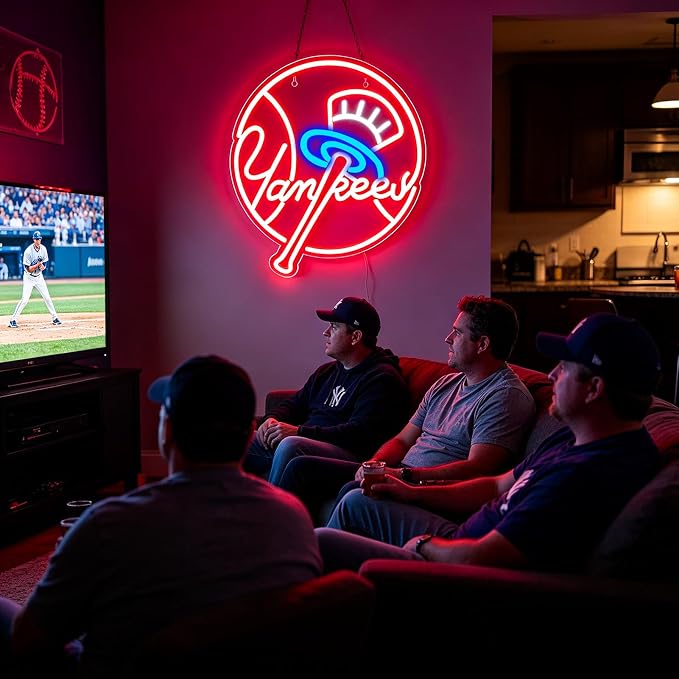 AHlove YANKEES Neon Signs for Wall Decor，Baseball Team Neon Lights for Bedroom，LED Signs Suitable for Man Cave，5V Power Adapter，Birthday、Christmas Gifts for Boys 13 * 15Inch(red+blue+white)