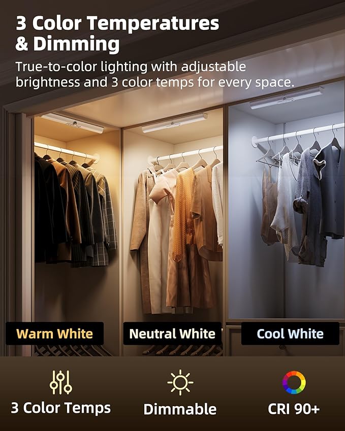 EZVALO 17-Inch LED Motion Sensor Closet Light, Rechargeable 3600mAh Battery, 150 Lumens No-Glare Curved, 3 Color Temperatures & Dimmable Cabinet Light for Wardrobes & Shelves
