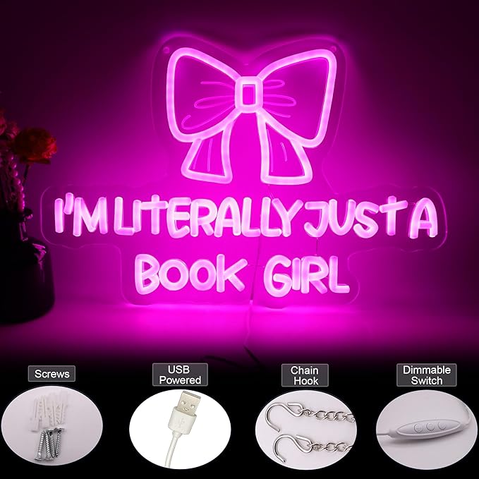 I Am Literally Just A book Girl Neon Sign, Led Classroom Sign Wall Decor with Acrylic Backing, Dimmable USB Powered Neon Light for Bedroom, Living Room, Office, Bar Decor Holiday Birthday Gift