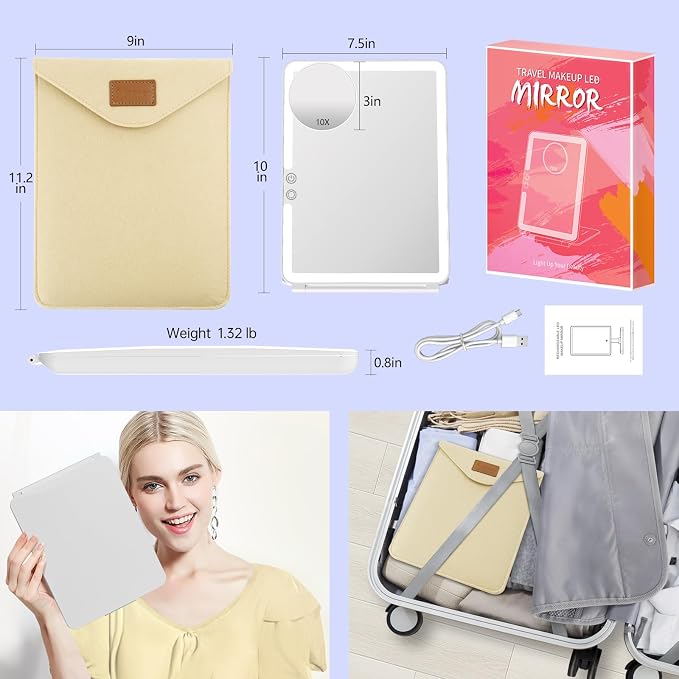 FUNTOUCH 2500mAh Large Rechargeable Travel Makeup Mirror with Light | Portable Makeup Mirror with 10X Magnifying Mirror 3 Lighting Modes, Dimmable Touch,Tabletop Travel Mirror with Storage Bag