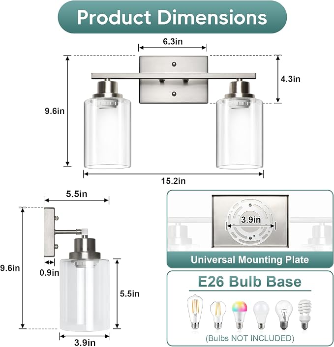 Ascher Bathroom Light Fixtures, 2-Light Vanity Light Over Mirror, Brushed Nickel Wall Sconces with Clear Glass Shades, Wall Lamp for Living Room Bedroom, E26 Base(Bulbs Not Included)