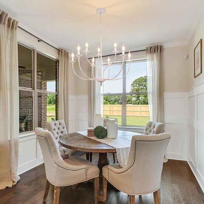 French Country Chandelier, 9-Light Antique White Farmhouse Chandelier, 2-Tier Candle Modern Farmhouse Chandeliers for Dining Room Living Room Bedroom Foyer