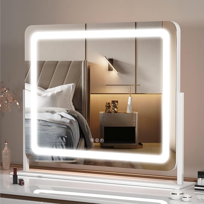 Hasipu Vanity Mirror with Lights, 24.2" x 20" LED Make up Mirror, Light up Mirror with 10X Magnification, Smart Touch 3 Colors Dimmable, Brightness Adjustment, 360° Rotation (White)