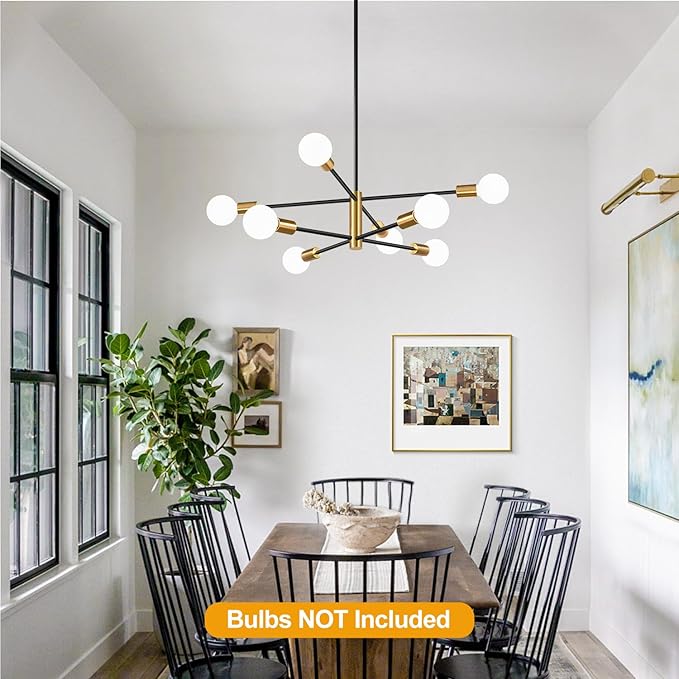 Sputnik Chandeliers Dining Room Light Fixture (8-Light, 30-Inch), Modern Brushed Gold and Black Chandelier, Height Adjustable Mid Century Modern Chandeliers for Dining Room (Bulbs Not Included)