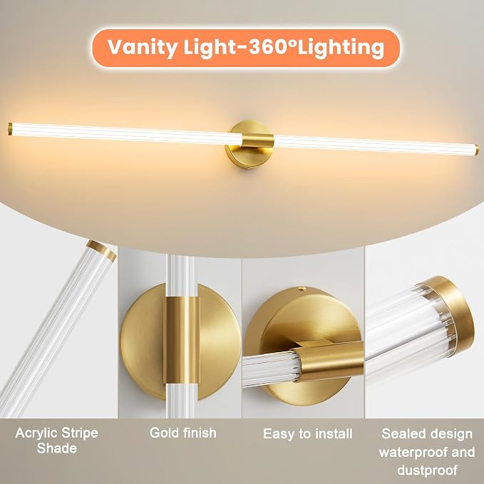 Gold Wall Sconces Set of 2 Hardwired LED Vanity Light 47" | Dimmable 5CCT LED Bathroom Light Fixtures, 360° Full Lighting, Modern Vanity Light Bar for Bathroom Mirror, Flicker-Free