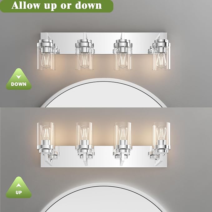 Chrome Light Fixtures, 4 Light Bathroom Vanity Light with Clear Glass Shade, 30 in Modern Vanity Light, Bathroom Lighting Fixtures Over Mirror for Living Room