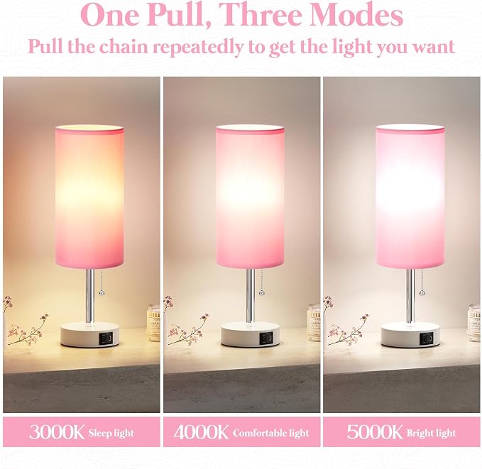 Dicoool Pink Bedside Table Lamp for Girls Bedroom - USB A+C Charging Ports | 3 Color Temperatures, USB A+C Port, Bulb Included, Pink Fabric Shade, Matte White Metal Base, 14" Desk Lamp for Kids Dorm