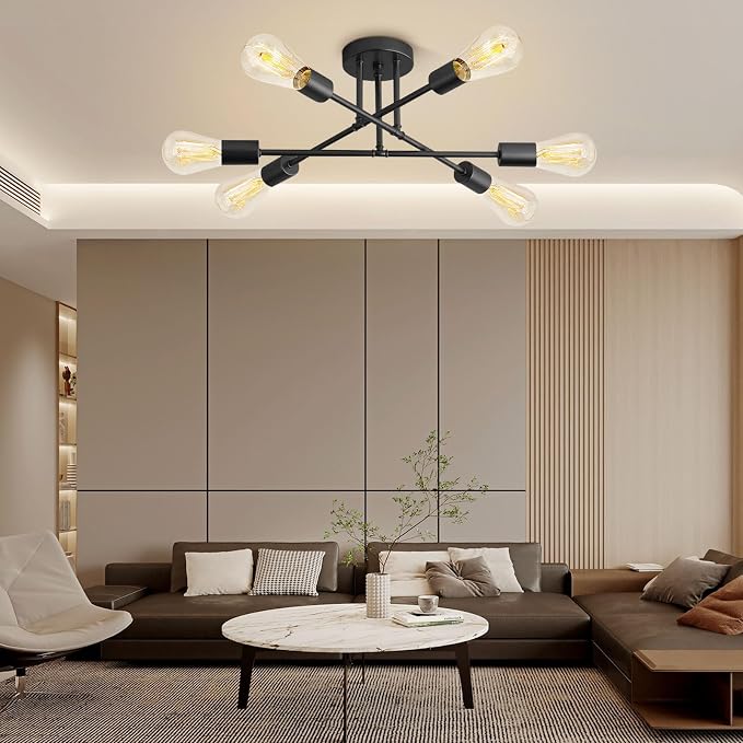 6-Light Modern Metal Ceiling Light, Black Sputnik Dining Room Light Fixture | 22" Modern Sputnik Ceiling Light Fixture with E26 Base, Chandelier Light Fixtures Ceiling Mount for Bedroom Living Room