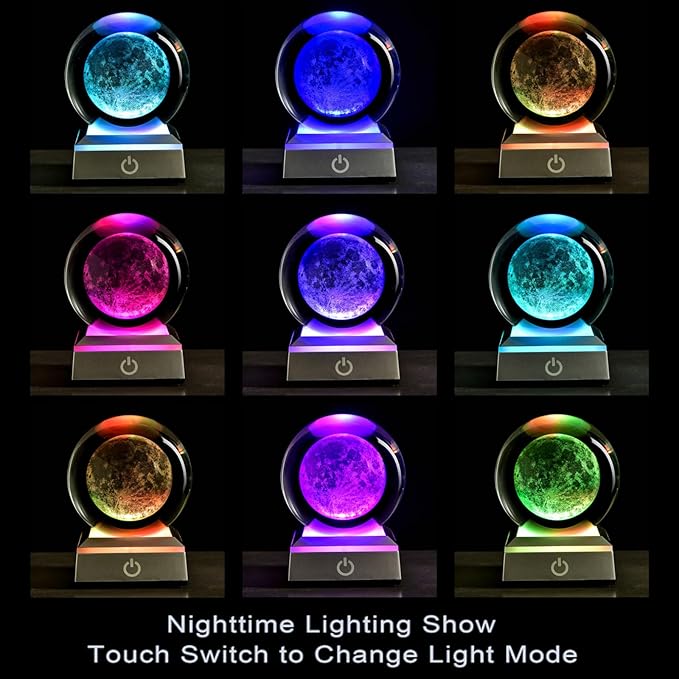 3D Moon Crystal Ball with LED Stand, Moon Figurine Decor Glass Sphere Lamp Night Light Gifts for Women Men Mom Kids
