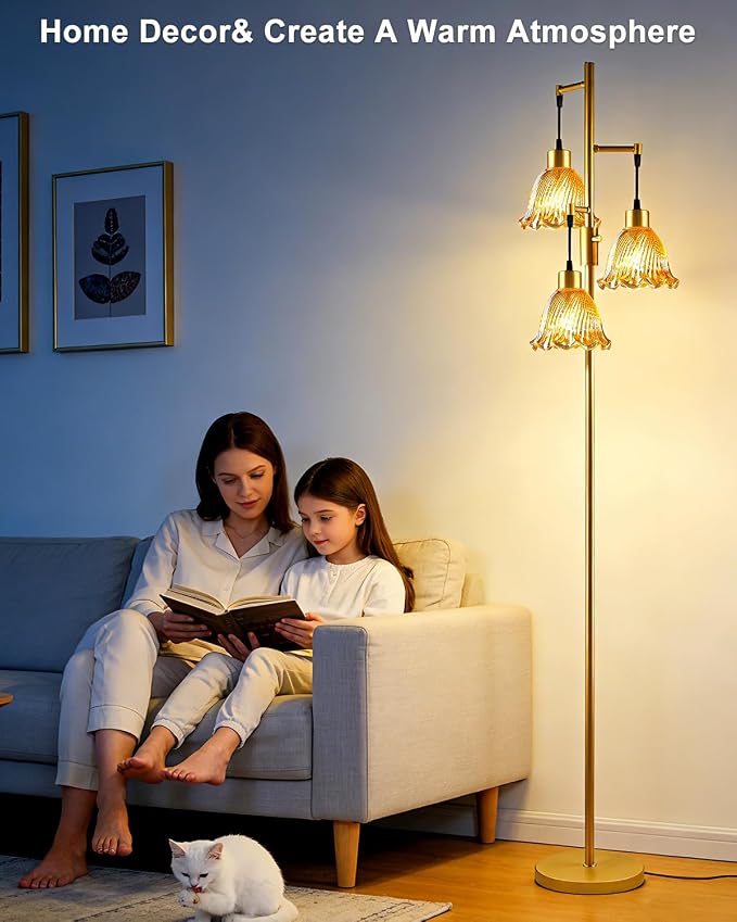Lightdot Glass Floor Lamps for Living Room, 3-Light Dimmable Floor Lamp with Amber Glass Shade& E12 Bulbs Included, Mid Century Standing Tall Lamp with 5Lbs Heavy Base for Bedroom/Sofa Beside-Gold