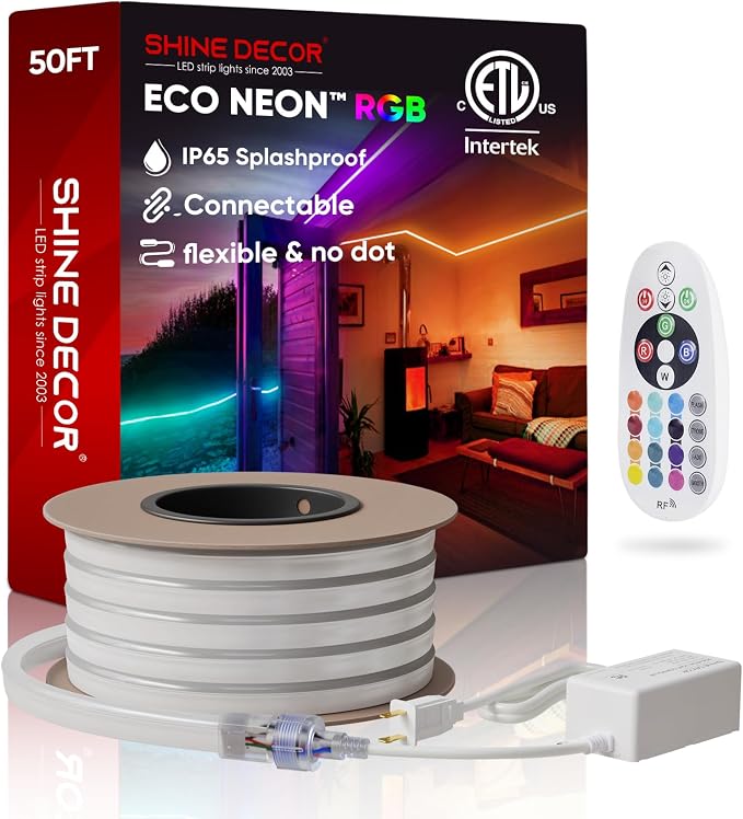 LED RGB Neon Rope Lights AC 120V, Expandable & Cuttable Bright Strip Lighting with Remote, Dimmable Color Changing, ETL Cold-Resistant & IP65 Waterproof for in&Outdoor, 10x20mm, 50FT
